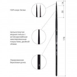 Кисть художественная проф. BRAUBERG ART CLASSIC, белка, круглая, № 2, 200908
