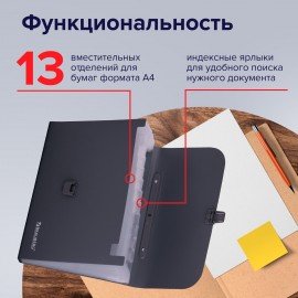 Папка-портфель пластиковая BRAUBERG А4 (327х254х30 мм), 13 отделений, серая, 221438