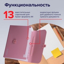 Папка-портфель пластиковая BRAUBERG А4 (327х254х30 мм), 13 отделений, розовая, 221441