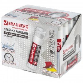 Клей-карандаш BRAUBERG "Crystal", 15 г, прозрачный, 224337