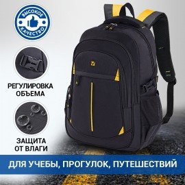 Рюкзак BRAUBERG TITANIUM универсальный, 3 отделения, черный, желтые вставки, 45х28х18 см, 224385