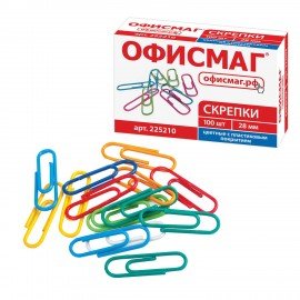 Скрепки ОФИСМАГ, 28 мм, цветные, 100 шт., в картонной коробке, Россия, 225210