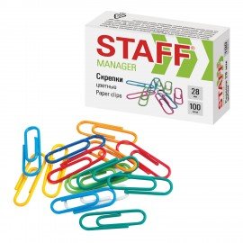 Скрепки STAFF "Manager", 28 мм, цветные, 100 шт., в картонной коробке, 226821
