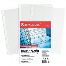 Папки-файлы перфорированные, А4, BRAUBERG, комплект 100 шт., гладкие, 45 мкм, 226831