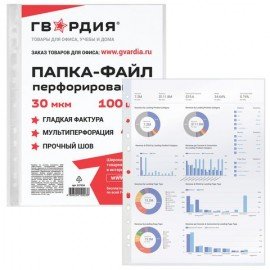 Папки-файлы перфорированные ГВАРДИЯ, А4, комплект 100 шт., гладкие, 30 мкм, 227524