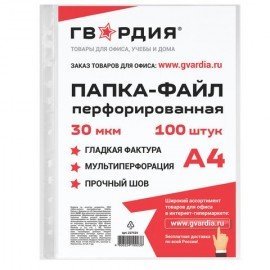 Папки-файлы перфорированные ГВАРДИЯ, А4, комплект 100 шт., гладкие, 30 мкм, 227524