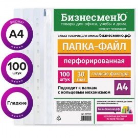 Папки-файлы перфорированные БИЗНЕСМЕНЮ, А4, комплект 100 шт., гладкие, 30 мкм, 227526