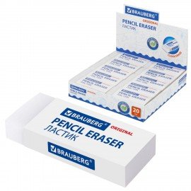 Ластик большой BRAUBERG EXTRA, 60х24х11 мм, белый, прямоугольный, экологичный ПВХ, картонный держатель, 228074