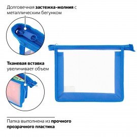 Папка для тетрадей А5 ПИФАГОР, пластик, молния сверху, прозрачная, синяя, 228221