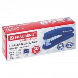 Степлер №24/6, 26/6 BRAUBERG "Standard+", до 30 листов, синий, 228609