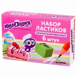 Набор ластиков ЮНЛАНДИЯ "СЛАДКИЕ ИСТОРИИ" 6 шт., размер 21х21х16 мм, ароматизированные, 229584,