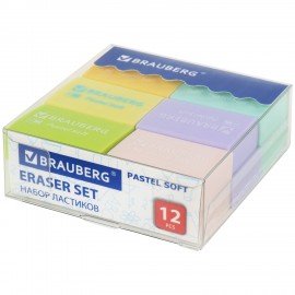 Ластики BRAUBERG "Pastel Soft" НАБОР 12 шт., размер ластика 31х20х10 мм, экологичный ПВХ, 229598