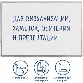 Доска магнитно-маркерная 60х90 см, алюминиевая рамка, ГАРАНТИЯ 10 ЛЕТ, РОССИЯ, BRAUBERG Стандарт, 235521