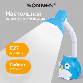 Светильник настольный SONNEN OU-603, на подставке, цоколь Е27, "Сова", синий, 236674