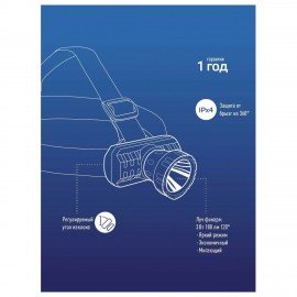 Фонарь налобный аккумуляторный КОСМОС 3 Вт LED, Li-ion, заряд от USB, KocAcHead3W