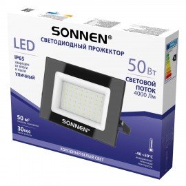 Прожектор светодиодный 50Вт, 6500К, 4000Лм, IP65, 176x123x26мм, черный, SONNEN, 238414