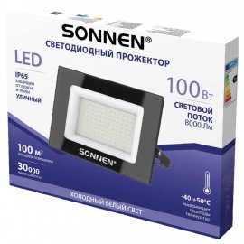 Прожектор светодиодный 100Вт, 6500К, 8000Лм, IP65, 250x178x27мм, черный, SONNEN, 238415