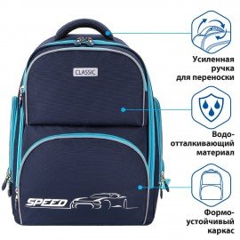 Рюкзак BRAUBERG CLASSIC, легкий каркас, премиум материал, Speed, синий, 37х32х21 см, 270088