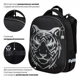 Ранец BRAUBERG SHINY, 2 отделения, с брелком, "Tiger", СВЕТЯЩИЙСЯ РИСУНОК, 38х28х14 см, 270698