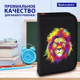 Пенал BRAUBERG с наполнением, 1 отделение, 1 откидная планка, 24 предмета, 21х14 см, "Colorful lion", 270725