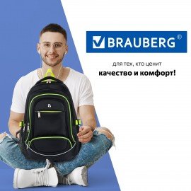 Рюкзак BRAUBERG HIGH SCHOOL универсальный, 3 отделения, "Акцент", черный/салатовый, 46х31х18 см, 270761