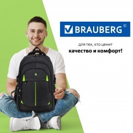 Рюкзак BRAUBERG TITANIUM универсальный, 3 отделения, черный, салатовые вставки, 45х28х18 см, 270766