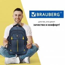 Рюкзак BRAUBERG TITANIUM универсальный, 3 отделения, синий, желтые вставки, 45х28х18 см, 270768