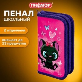 Пенал ПИФАГОР, 2 отделения, ламинированный картон, 19х11 см, "Black kitten", 270881