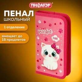 Пенал ПИФАГОР, 1 отделение, ламинированный картон, 19х11 см, "Fluffy cat", 271002