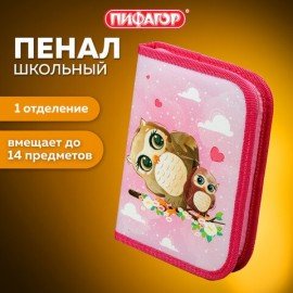 Пенал ПИФАГОР, 1 отделение, полиэстер, 19х13 см, "Cute owls", 271011