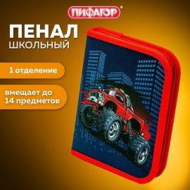 Пенал ПИФАГОР, 1 отделение, полиэстер, 19х13 см, "Monster car", 271013