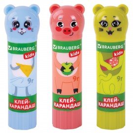 Клей-карандаш "Зверята: кошка, мышка, хрюшка", 9 г, фигурный колпачок, BRAUBERG KIDS, 271138