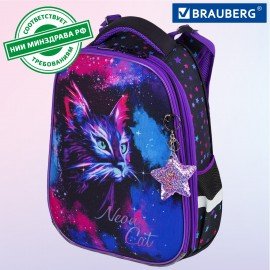 Ранец BRAUBERG PREMIUM, 2 отделения, с брелком, "Neon cat", 38х29х16 см, 271352