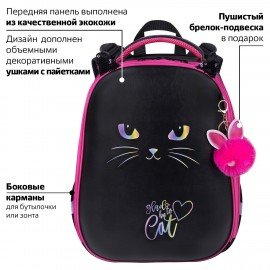 Ранец BRAUBERG SHINY, 2 отделения, с брелоком, "Glad to be cat", 38х28х14 см, 271382