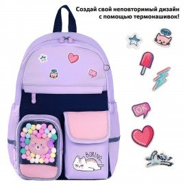 Рюкзак BRAUBERG PASTEL с термонашивками в комплекте, "Lazy cat", сиреневый, 40х29х14 см, 271422