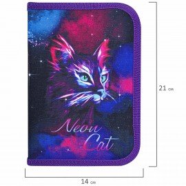 Пенал BRAUBERG с наполнением, 1 отделение, 1 откидная планка, 24 предмета, 21х14 см, "Neon cat", 271523