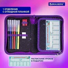 Пенал BRAUBERG с наполнением, 1 отделение, 1 откидная планка, 24 предмета, 21х14 см, "Neon cat", 271523