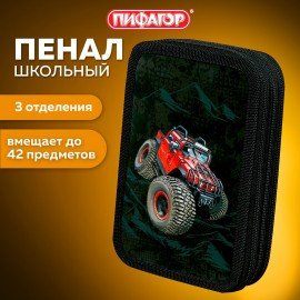 Пенал ПИФАГОР, 3 отделения, ламинированный картон, 19х11 см, "Big Wheels", 271548