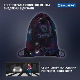 Мешок для обуви BRAUBERG PREMIUM, карман, подкладка, светоотражайка, 43х33 см, "Neon cat", 271621