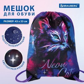 Мешок для обуви BRAUBERG PREMIUM, карман, подкладка, светоотражайка, 43х33 см, "Neon cat", 271621