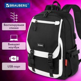 Рюкзак BRAUBERG FUSION универсальный, USB-порт, черный с белыми вставками, 45х31х15 см, 271657