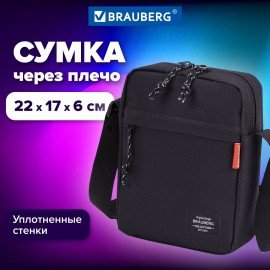 Сумка на плечо BRAUBERG COMPACT, два кармана, черная, 22х17х6 см, 271687