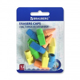 Ластики-колпачки BRAUBERG "Eraser Caps", НАБОР 12 ШТУК, яркие цвета ассорти, блистер, 271994