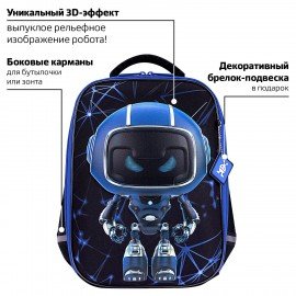 Ранец BRAUBERG LIGHT, 1 отделение, с брелоком, "Evil robot", 3D-панель, 36х26х13 см, 272028