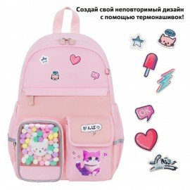 Рюкзак BRAUBERG PASTEL с термонашивками в комплекте, "Anime kitten", персиковый, 40х29х14 см, 272065