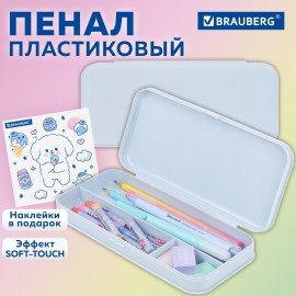 Пенал пластиковый BRAUBERG, пастельный голубой, наклейки в комплекте, 21х9х3 см, 272272