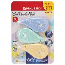 Корректирующая лента BRAUBERG PASTEL 5мм х12 м,вращающийся наконечник 90°, ВЫГОДНАЯ УПАКОВКА 3 штуки в блистере, механизм перемотки, 272489