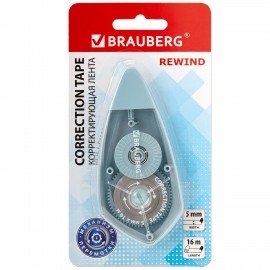 Корректирующая лента BRAUBERG REWIND, 5 мм х 16 м, механизм перемотки, корпус зеленый, блистер, 272489