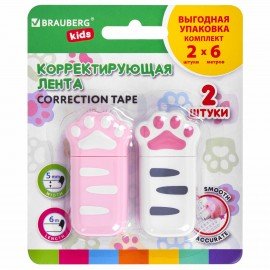 Корректирующая лента BRAUBERG KIDS "ЛАПКИ", 5мм х 6 м, ВЫГОДНАЯ УПАКОВКА 2 штуки в блистере, 272498