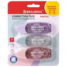 Корректирующая лента BRAUBERG PASTEL, 5 мм х 6 м, ВЫГОДНАЯ УПАКОВКА 3 штуки в блистере, 272658